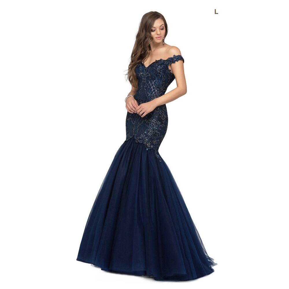 NWT Lucci Lu 28062, Off‎ the Shoulder Navy Trumpet Tulle Gown Beaded, 8